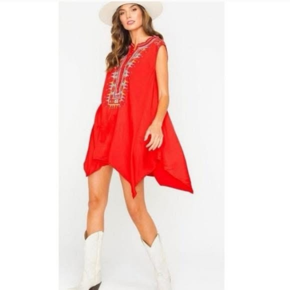 Johnny Was crinkle satin red tunic oversized embroidered size medium - Picture 1 of 5